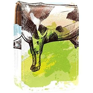 Boerderij Koe Schets Aquarel Groene Lipgloss Houder Lippenstift Case Draagbare Mini Lipstick Opbergdoos Reizen Lipstick Organizer Case met Spiegel voor Vrouwen, Meerkleurig, 9.5x2x7 cm/3.7x0.8x2.7 in