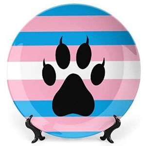 Transgender Furry Pride Vlag Bone China Plaat met Stand Ronde Decoratieve Plaat Vintage Thuis Wobble Plaat