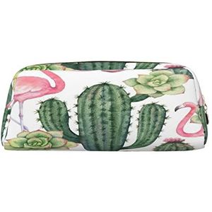 Grote Capaciteit Lederen Etui Blauwe Vlinder Groene Vlinder En Steen Briefpapier Potlood Tas Make-up Pouch Draagbare Kantoorbenodigdheden Tas voor Tieners Meisjes Volwassenen, Roze Flamingo vetplanten, Pencil Bag, Schoonheid Case