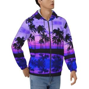 EdWal Palm Tree Purple Sunset Print Casual Hoodies Voor Mannen,Volledige Zip Sweatshirt Met Zakken,Lange Mouw Trekkoord Hoodies, Zwart, XXL