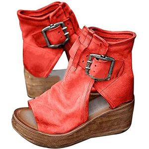 Dames Hoge sandalen Open teen Enkelband Plateau Wedge Vismond Sandalen Slouchy Ruches Hak Enkelband Bootie Zomer Strand Reizen Romeins Ademende schoenen,Red,39