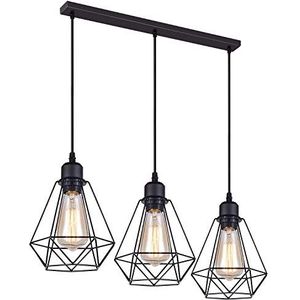 iDEGU 3-vlammige industriële hanglampen, vintage hanglamp zwarte hanglamp van metaal E27 retro hanglamp in geometrische kooi-stijl - Ø 20,5 cm