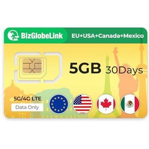 EIOTCLUB BizGlobeLink Simkaart voor reizen, alleen gegevens, 5G/4G LTE, zonder contract, navulbaar, voor mobiele telefoons, wifi-router en tablets