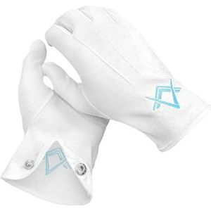 THE MASONIC COLLECTION - Vrijmetselaars Witte zware katoenen handschoenen voor heren - blauw vierkant en kompasontwerp - wasbaar - in cellofaanmouw - een perfect vrijmetselaarscadeau voor