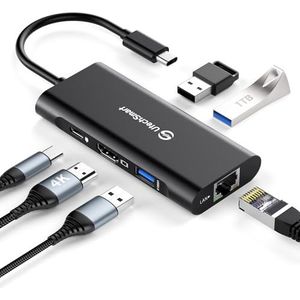 USB C Hub, UtechSmart 6-in-1 USB C naar HDMI-adapter met 1000M Ethernet, 100W PD Power Delivery-poort, 3 USB 3.0-poorten, compatibel met MacBook Pro, Chromebook en USB C-apparaten (Zwart)