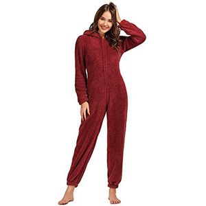 XADITON Onesie voor volwassenen pyjama voor vrouwen, teddy fleece dames onesie pyjama, donzige pyjama onesies voor vrouwen (kleur: bordeaux, maat: medium)