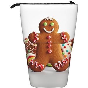 RLDOBOFE Peperkoek Man Snoep Print Potlood Tas Stand-Up Intrekbare Potlood Doos Organizer Pen Houder Opbergtas Cosmetische Tas Voor Office Kerst Vakantie Gift, Zwart, Eén maat