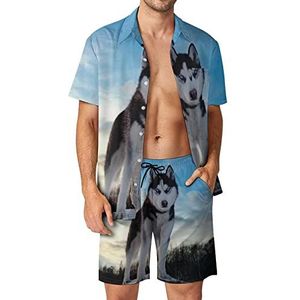 Siberische Huskies Hawaiiaanse bijpassende set 2-delige outfits button-down shirts en shorts voor strandvakantie