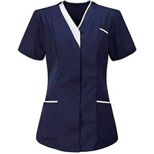 Yiiquanan Dames gezondheidszorg tuniek V-hals ademend korte mouw werkuniformen top voor zorg- en sanitaire werknemers (marineblauw | Stijl #1, M), Navy | Stijl 1