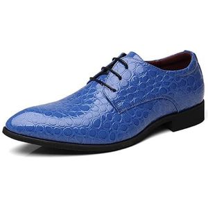 Oxford schoenen for heren met veters, spitse neus, PU-leer, steenpatroon, derbyschoenen, antislip rubberen zool, antislip blokhak, zakelijk (Color : Blue, Size : 38 EU)