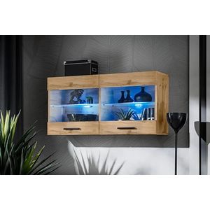 komodee, Vitrine Wandkast Savona, Wotan/Wotan, Zonder LED, Breedte 100cm x Hoogte 50cm x Diepte 30cm, 2 Glazen Planken, 2 Deuren, Voor Woonkamer, Keuken