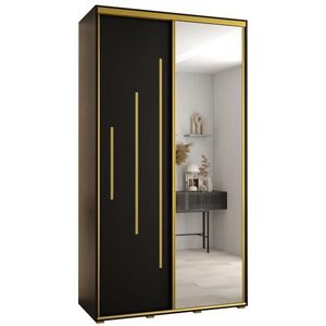 MEBLE KRYSPOL Davos 13 140 Kledingkast met twee schuifdeuren voor slaapkamer - Moderne Kledingkast met spiegel, kledingroede en planken - 235,2x140x45 cm - Zwart Zwart Goud