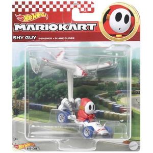Hot Wheels Mario Kart Shy Guy B Dasher met vliegtuig Glider speelgoedvoertuig voor kinderen vanaf 3 jaar op schaal 1:64 met zweefvliegtuig accessoires