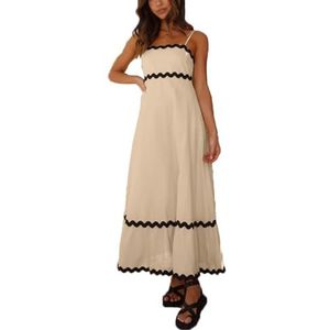 Dames zomer maxi-jurk casual boho mouwloze spaghettibandjes gesmokte lange strandzonjurken(Color:Black White A,Size:Large)