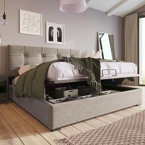 Aunvla Hydraulisch tweepersoonsbed, gestoffeerd bed, 140 x 200 cm, verstelbaar hoofdeinde, bed met lattenbodem van metalen frame, fluweel, modern bedframe met opbergruimte, lichtgrijs