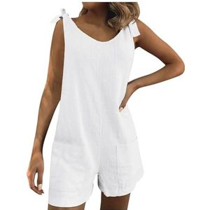 BANGHA Jumpsuits Voor Vrouwen Zomer Casual Korte Rompertjes Voor Vrouwen Zomer Elastische Taille Tuinbroek Linnen Katoen Zakken Rompertjes Playsuit Shorts Broek Combinaison Femme, Wit, XXL