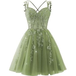 YIANN Kant Applique Tule Homecoming Jurken voor Tieners V-hals Backless Knielengte Cocktail Jurk Feestjurk, Sage Groen, 32