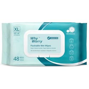 WhyWorry Doorspoelbare Vochtig Toiletpapier voor Volwassenen, 20 x 25 cm Extra Grote Vochtige Doekjes met Kamille en Vitamine E, 100% Plantaardig, Biologisch afbreekbaar, Ongeparfumeerd, 48 Stuks