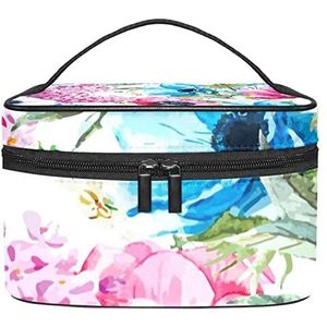Aquarel Lente Bloemen Rood Blauw Make-up Organizer Tas, Reizen Make-up Tas Organizer Case Draagbare Cosmetische Tas voor Vrouwen en Meisjes Toiletartikelen, Meerkleurig, 22.5x15x13.8cm/8.9x5.9x5.4in