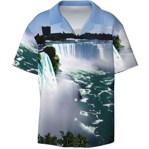 OdDdot Niagara Herfst Print Heren Overhemden Atletische Slim Fit Korte Mouw Casual Business Button Down Shirt, Zwart, XXL