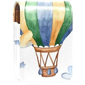 Cartoon Hot Air Ballon Wolken Draagbare Lipstick Case voor Reizen,Mini Lipstick Opbergdoos met spiegel voor Vrouwen Dames, Lederen Cosmetische Pouch, Meerkleurig, 9.5x2x7 cm/3.7x0.8x2.7 in