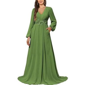 KURFACE Bruidsmeisjesjurk met lange mouwen en zakken, kanten applicatie, chiffon, moederjurk van de bruid, Olijfgroen, 32