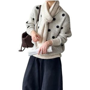 LoprNsdgt Dames Oversized Schattige Polka Dot Trui Met Ronde Hals Casual Losse Truien Met Gebreide Sjaal,Beige,One Size