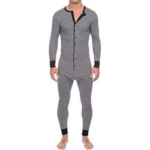 Bienwwow Een Stuk Slaappak Pyjama Sets Onesie Jumpsuit Knop Lange Mouw Gestreepte Gedrukt Pjs Trainingspak Nachtkleding Voor Heren, Grijs, 4XL