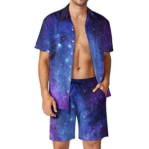 Paarse sterrenhemel Hawaiiaanse bijpassende set 2-delige outfits button down shirts en shorts voor strandvakantie