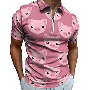 Pig Face Poloshirt voor heren, met ritssluiting, casual korte mouwen, golftop, klassieke pasvorm, tennisshirt