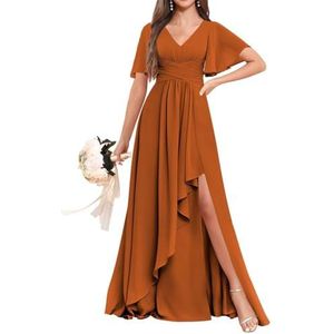 Chiffon bruidsmeisjesjurken voor dames, voor bruiloft, ruches avondgalajurken, cocktailjurken, grote maten, Verbrand Oranje, 32