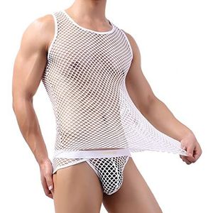 Mens Mouwloze Fishnet T-shirts Tank Vest Mesh Muscle Tee Top Slim Geplaatst Vest Clubwear See Through Undershirt Tank Tops Sexy (Color : White, Size : M)