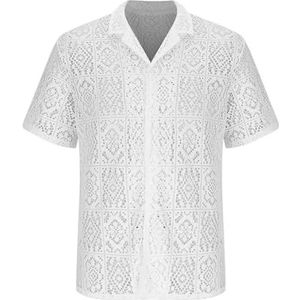 UBOHUZ Heren shirt met korte mouwen casual korte mouwen button-down kanten shirts met reverskraag uitgehold ontwerp effen kleur losse pasvorm tops voor vrije tijd, Wit, XXL