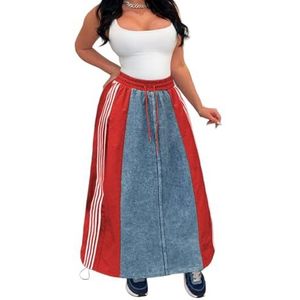 LoprNsdgt Dames Patchwork Denim Rokken Elastische Taille Trekkoord Gestreepte A-Lijn Losse Maxi Rokken,Rood,L