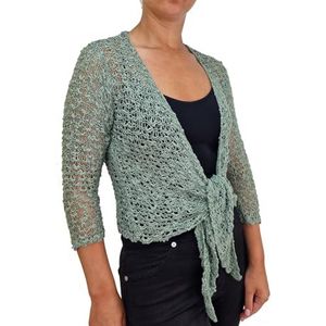 Dames popcornstijl, gehaakte effen stretch visnet stropdas in taille bolero shrug open vest, Smoke Groen, One size