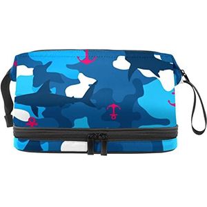 Make-up tas - grote capaciteit reizen cosmetische tas, roze anker marine haai blauw camo, Meerkleurig, 27x15x14 cm/10.6x5.9x5.5 in