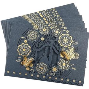 Bruiloft uitnodigingen kaart 10 stks/pak 3D vlinder bruiloft uitnodigingskaarten bloem bruid bruidegom hol uit glanzende parel papier kaarthouders voor bruiloft (kleur: 10 stuks blauwe kaart)