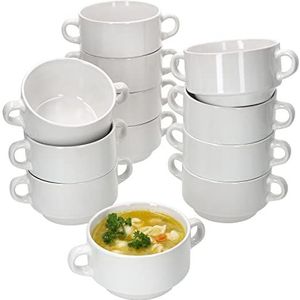 MamboCat Stiva Soepkom, set van 12 stuks, 250 ml, wit, voor 12 personen, soepbeker, soepterrine, soup-bowl, porseleinen kom, stapelbaar, 18 x 12,5 x 8,5 cm, kleine kom handvat voor stoofpot en soep