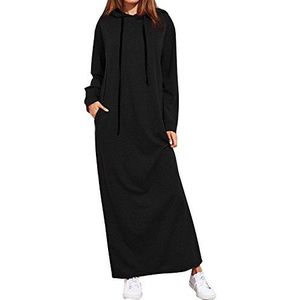 Maxi-jurk lange mouwen dames lange hoodie losse vrijetijdsjurken herfst winter kanpola lang T-shirtjurk effen sweatjurk met trekkoord longshirt V-hals capuchontrui, 10-zwart, L