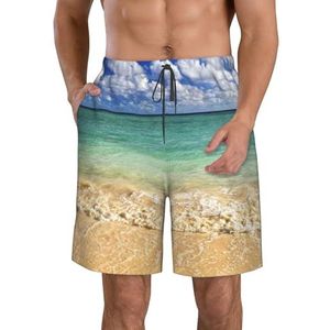Beach Blue Sky Sea Print strandshorts voor heren, lichtgewicht, sneldrogend, zwembroek met trekkoord en zakken, Wit, S