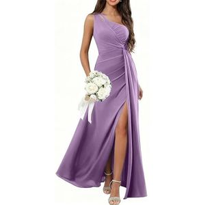 HPPEE Damesjurk met één schouder en split geplooide mouwloze chiffon formele avondjurk, Wisteria, 32