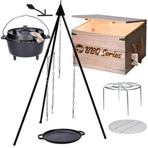 TP Premium BBQ Dutch-Oven Tripod Set, 7-delig met vuurpot, driepoot, pan van gietijzer, grillrooster incl. grill-accessoires en houten kist, ideaal als cadeauset