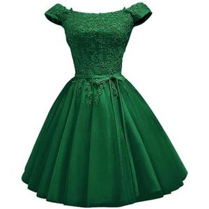 YIANN Off-shoulder satijnen thuiskomst jurken voor tieners met kanten applicatie mouwloze A-lijn baljurk korte galajurk, Emerald Groen, 32