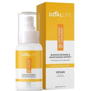 Zonnebrandcrème voor gezicht, zonwering, anti-onzuiverheden, zonwering, SPF 50, olievrije gezichtszonwering, direct effectieve, licht gestructureerde zonwering, veganistisch, 50 ml, DOALLIFE (2 stuks)