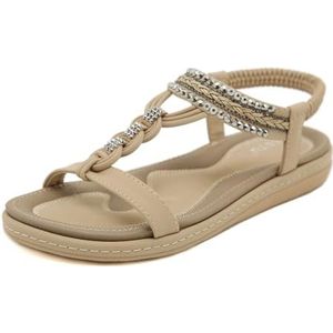 EFLALYHG Sandalen Zomer Dames Comfort Boog Ondersteuning Platte Sandalen Wandelschoenen Casual Enkel Elastische Strand Slippers,Apricot,36 EU