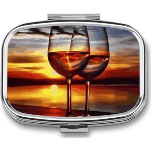 Zonsondergang Wijn Glas Pillendoos Pil Case Leuke Pil Organizer Pil Houder Geneeskunde Pil Organizer Pil Container Dagelijkse Pil Organizer Kleine Pillendoos Pil Case voor Portemonnee Pocket