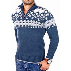 Reslad RS-3110 Gebreide trui voor heren, crewneck, rits, wintertrui, Noorse trui, blauw, M