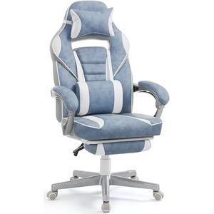 SONGMICS Bureaustoel, bureaustoel, uitschuifbare voetensteun, hoofdkussen, lendenkussen, in hoogte verstelbaar, ergonomisch, kantelbare rugleuning, tot 150 kg belastbaar, zeeblauw-crèmewit OBG073Q01