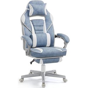 SONGMICS Bureaustoel, gamingstoel, verstelbaar, telescopische voetensteun, kantelmechanisme, hoofdsteun, lendensteun, belasting 150 kg, meerblauw en crèmewit OBG073Q01