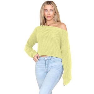 Hamishkane® Dames off-shoulder trui, oversized trui met schuine hals, trui met lange mouwen, cropped baggy warme truien voor vrouwen, UK, winter gebreide truien voor dames, Geel, 34-36
